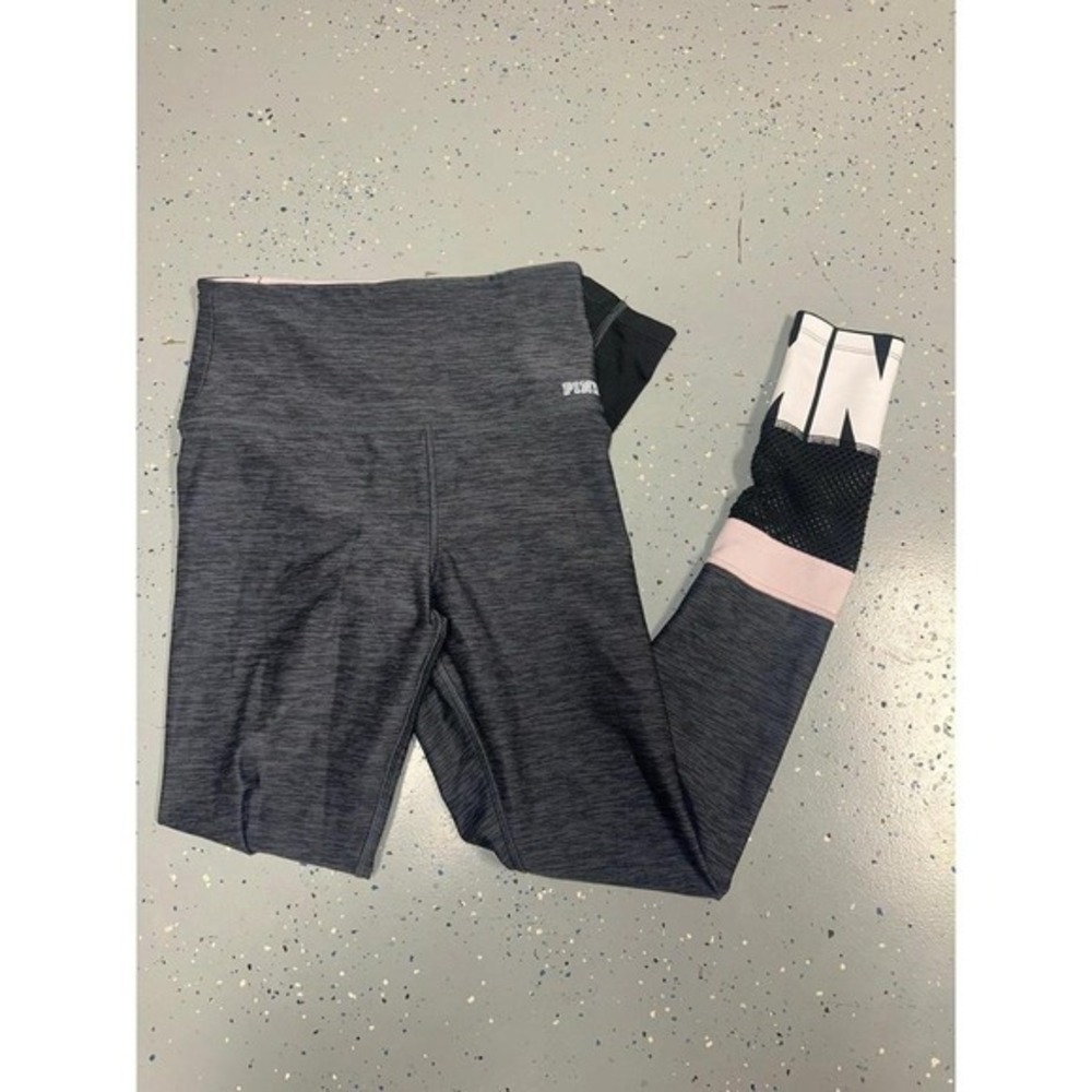 Pink Victorias Secret Ultimates XS Black Pink White Stripe Mesh Logo Leggings H8